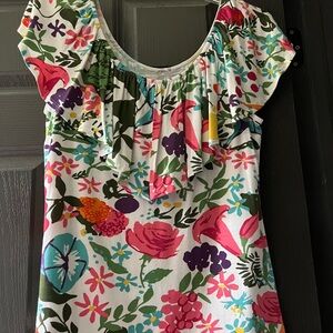 Women’s tropical print blouse from Anthropologie.